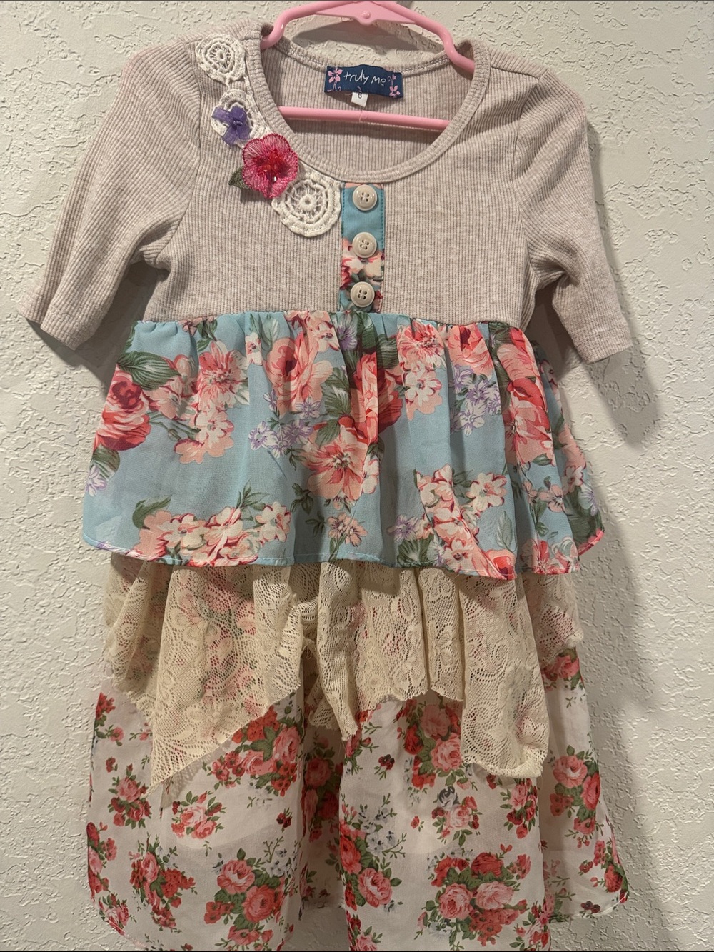 Truly Me Beige Top Floral Layered Skirt Dress with Blue Tier